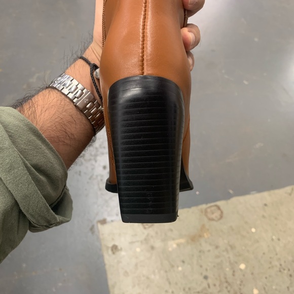 Women’s Pointed Toe Zip Block Heeled Long Boot in Camel Faux Leather - Picture 5 of 12